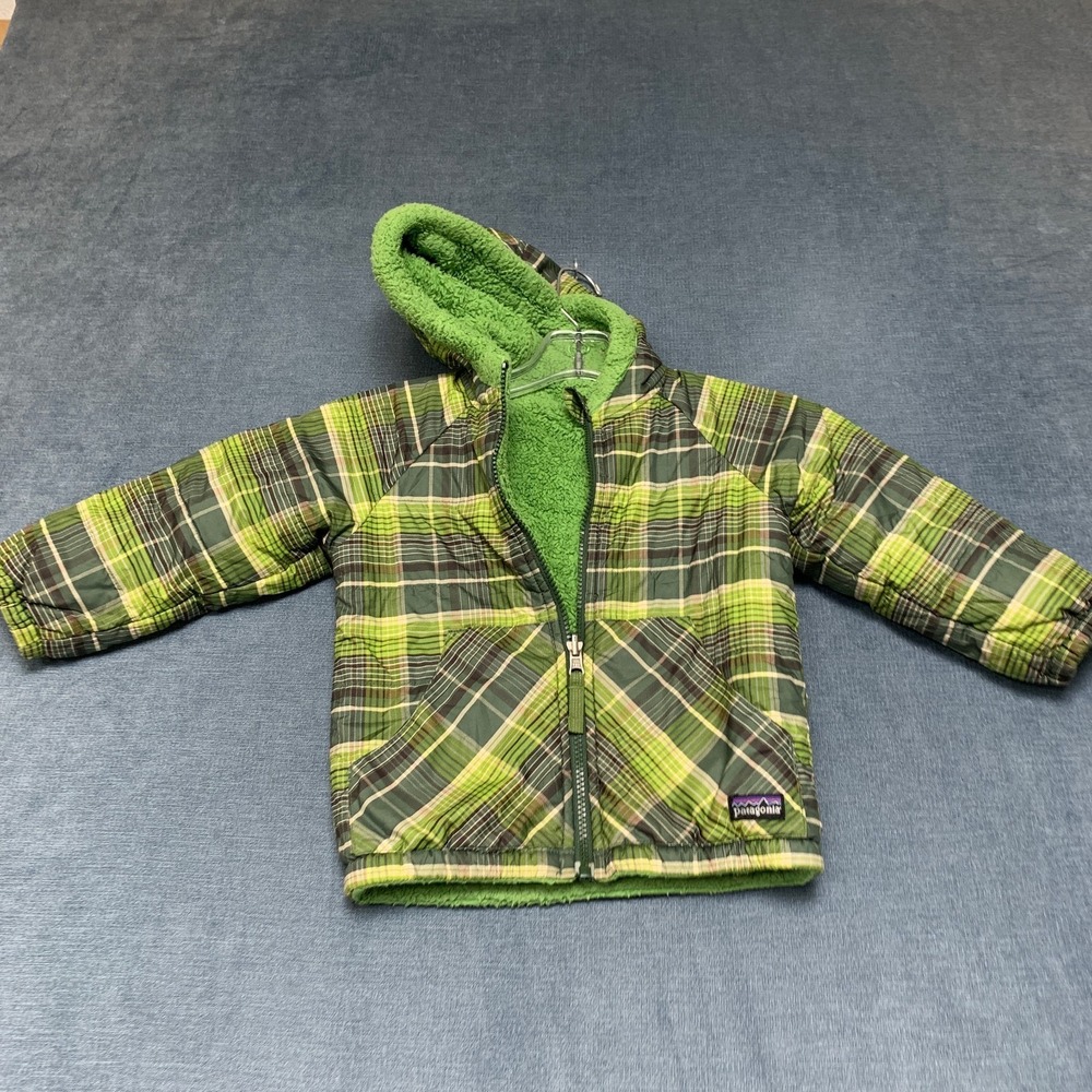 Patagonia Tribbles Puffer Jacket Boys Green‎ Plaid Fleece Lined Hooded Full Zip